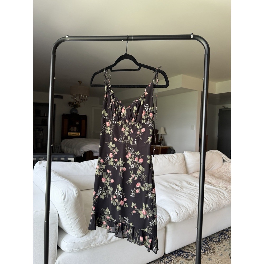 Reformation Black Pink Green Floral V-Neck Tie-Strap Midi Slip Dress Sz Xs-S